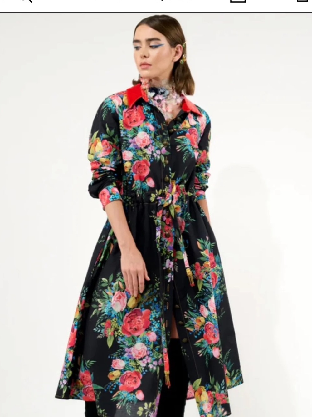 H65. NWT Aratta 
Zinnia Shirtdress  Black Floral  with Red Collar dress  $350